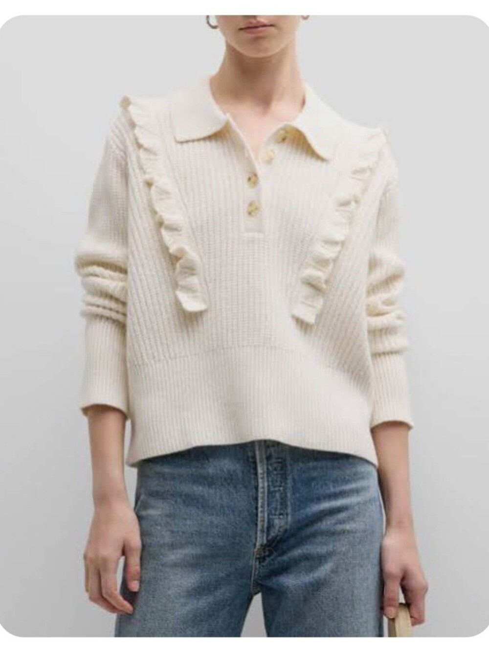 Derek Lam 10 Crosby noelia ruffled ribbed wool Cream Polo Sweater Sz M $450